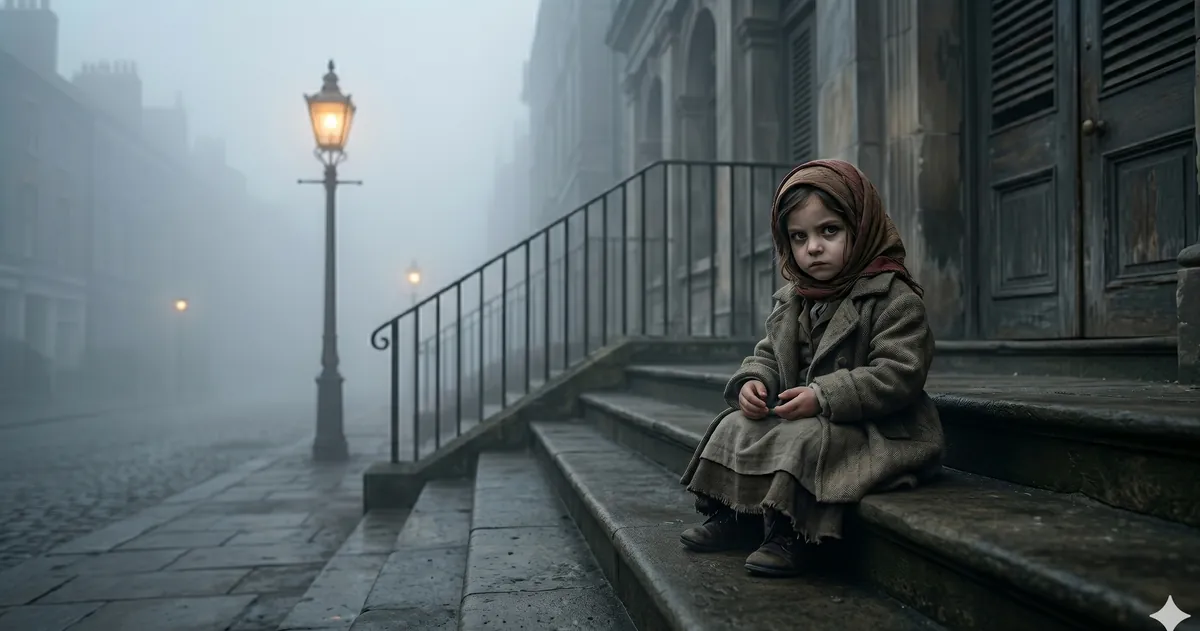 A child alone on the steps beneath a gaslight, in the London fog